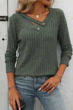 Mist Green Ribbed Long Sleeve Buttoned Strap V Neck Top