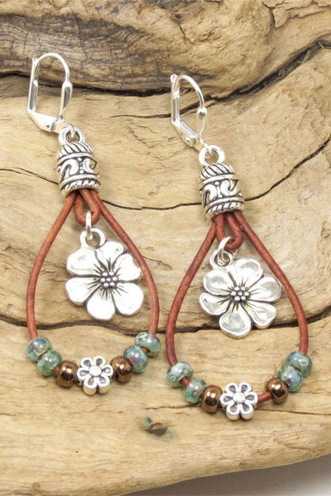 Silvery Western Leather Beaded Floral Dangle Earrings