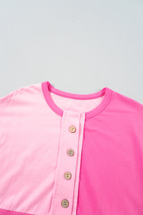 Pink Two Tone Half Buttons Collared T Shirt