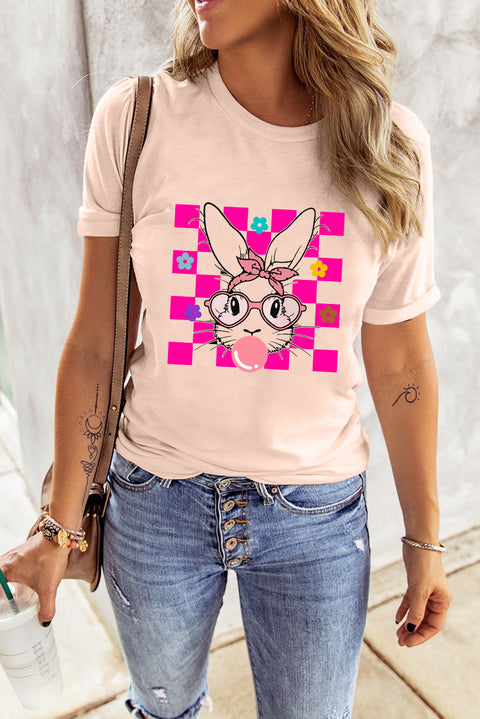 Pink Easter Rabbit Checkered Flower Print O-neck T Shirt