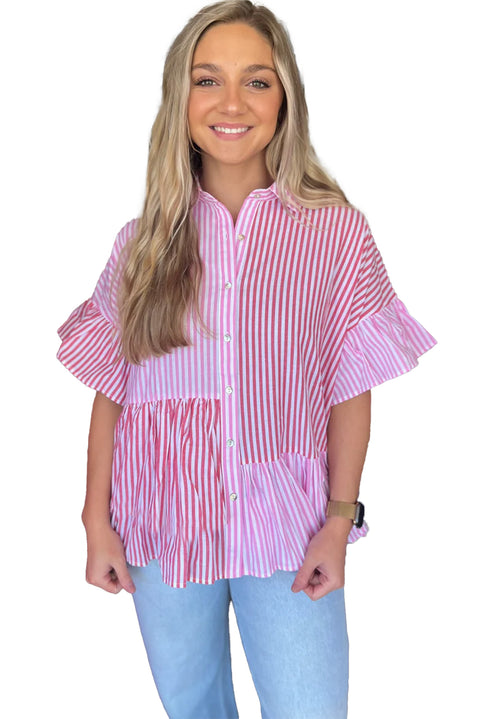 Pink Stripe Striped Patchwork Ruffled Hem Button up Shirt