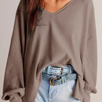 Coffee Waffle V Neck Long Sleeve Drop Shoulder Loose Blouse