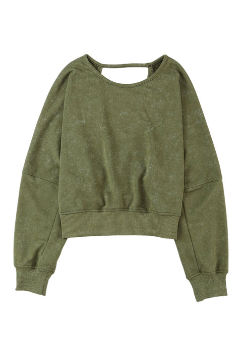 Black Acid Wash V-shape Open Back Sweatshirt