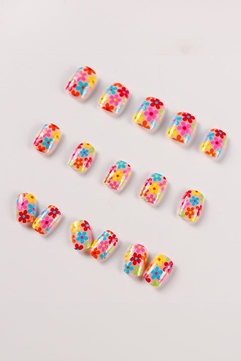 Pink 24pcs Cute Flowers Print Press On False Nails