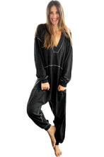 Black Flatlock Seam Detail V Neck Baggy Jumpsuit