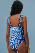 Blue Tile Pattern Ricrac Wide Straps Sheath One Piece Swimsuit