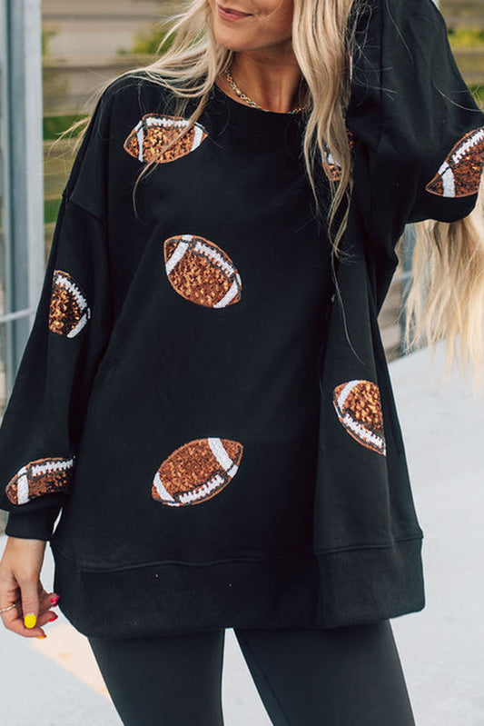 Black Sequin Rugby Graphic Pullover Sweatshirt