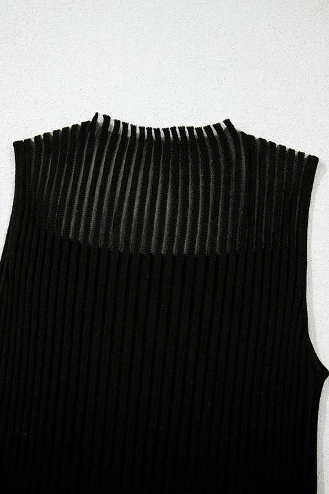 Black Ribbed Texture Mesh Cutout Knitted Sweater Vest