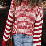 Red Stripe Geometric Textured Drop Shoulder Sweater