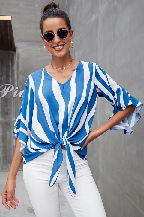 Vertical Stripes V Neck 3/4 Sleeve Blouse