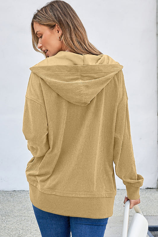 Simply Taupe Solid Ribbed Knit Buttoned Drop Shoulder Oversized Hoodie