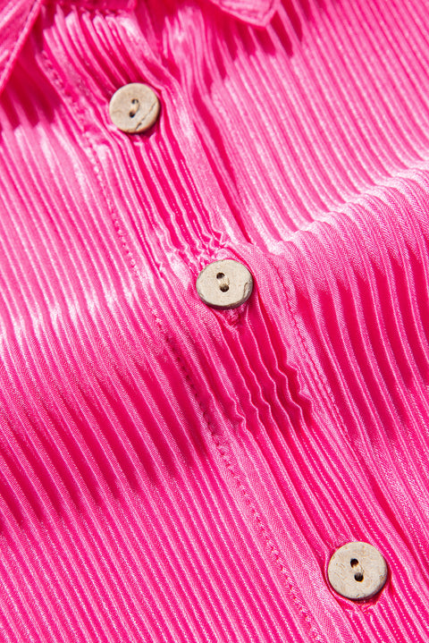 Bright Pink Satin Pleated Short Sleeve Shirt