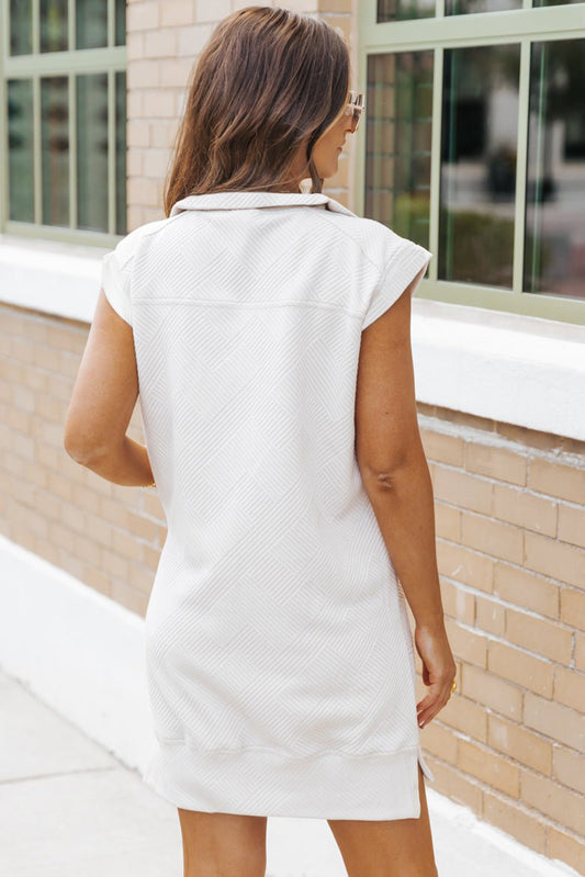 White Textured Half Zip Collared Cap Sleeve Mini Dress