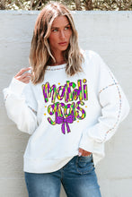 White mardi gras Bowknot Printed Contrast Trim Drop Shoulder Sweatshirt