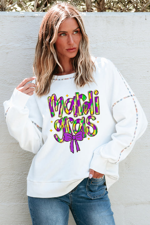 White mardi gras Bowknot Printed Contrast Trim Drop Shoulder Sweatshirt