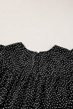 Black Dotted Ruffle Sleeve Crew Neck Ruched Blouse