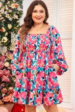 Rose Flower Print Smocked Square Neck Plus Size Dress