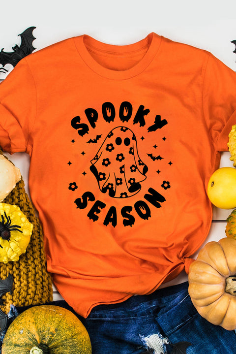 Orange SPOOKY SEASON Ghost Print Crew Neck Halloween Tee