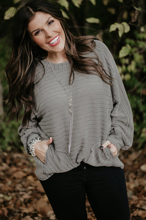 Gray Ribbed Side Pockets Long Sleeve Plus Size Top