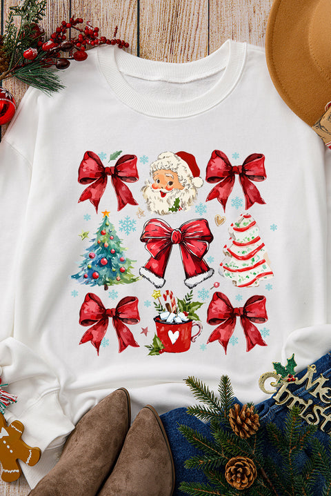 Beige Christmas Tree Bowknot Santa Clause Graphic Holiday Sweatshirt