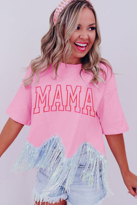 Pink MAMA Embroidered Sequin Tassel Patchwork T Shirt