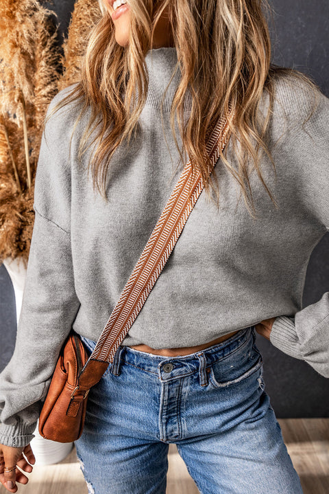 Jersey de punto con cuello alto y hombros caídos y manga abullonada gris 