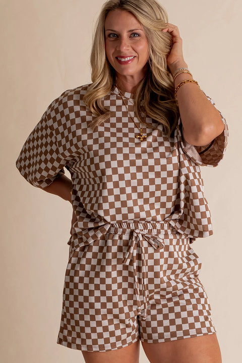 Brown Plus Size Checkerboard Print Side Slim Tee Shorts Set