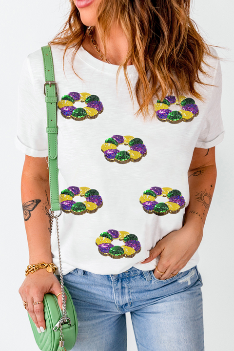 White Sequined Mardi Gras Pattern Crew Neck Short Sleeve Top