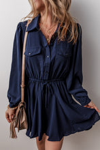 Navy Blue Solid Chest Pockets Tunic Shirt Mini Dress