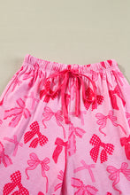 Pink Bow Knot Print Lapel Collar Short Sleeve and Pants Pajamas Set