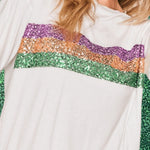 White Sequin Stripes Patchwork Mardi Gras Crew Neck T Shirt