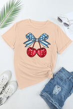 Khaki American Flag Bowknot Cherry Print Crew Neck T Shirt