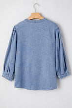 Myosotis Denim Front Pintuck Bow Tie Puff Sleeve Top