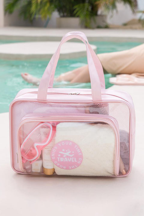 Pink Waterproof Multi Pockets Transparent Travel Makeup Bag