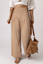 Khaki Smocked Wide Waistband High Waist Wide Leg Pants