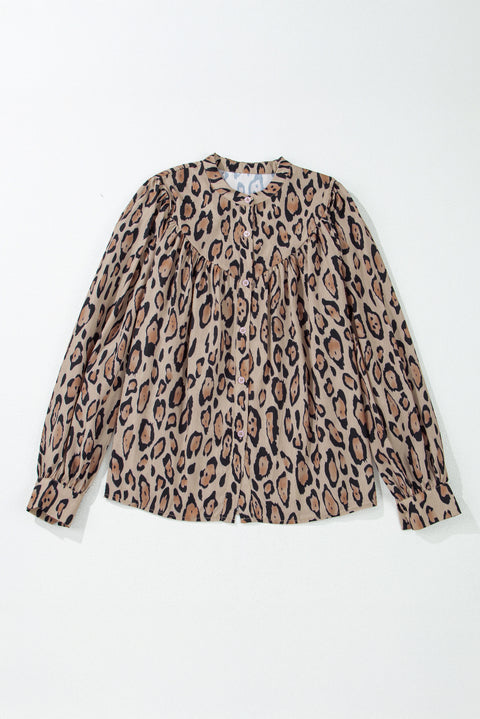 Light French Beige Oversized Leopard Print Balloon Sleeve Casual Shirt