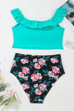 Sea Green Solid Ruffled Square Neck Swim Top and Floral Shorts Bikini Set