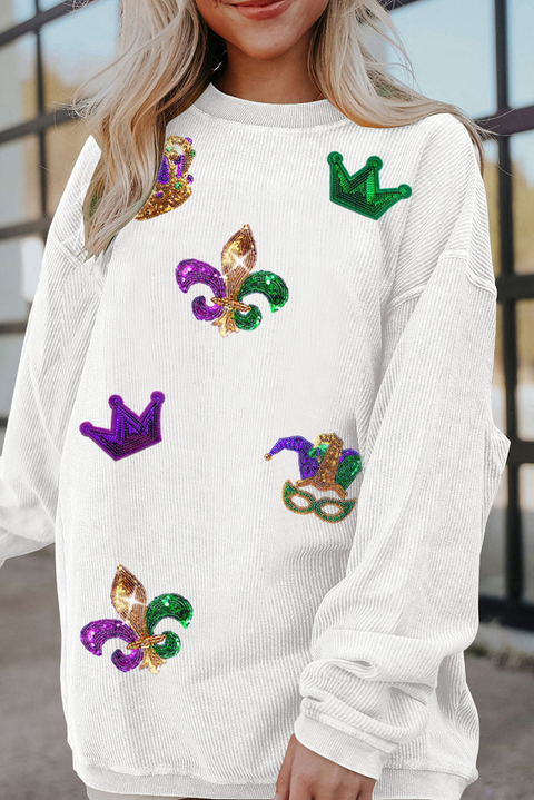 White Sequin Mardi Gras Symbol Crown Mask Patched Corded Sweatshirt