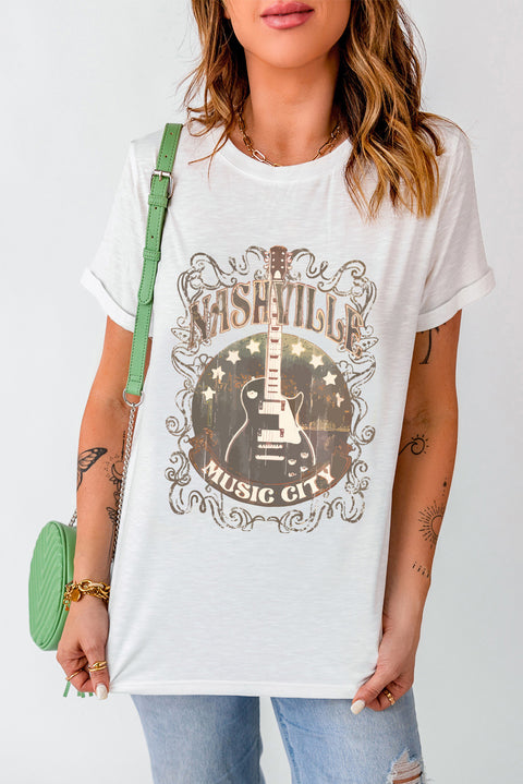 White Vintage Music City Guitar Print Crew Neck T Shirt