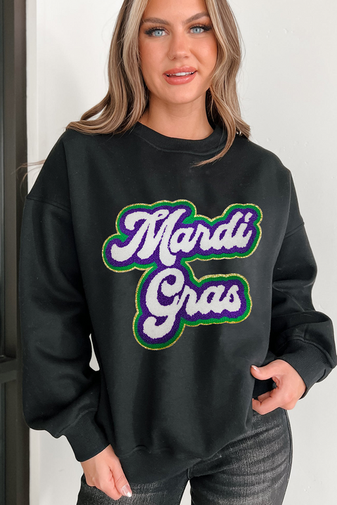 Black Mardi Gras Chenille Patched Graphic Drop Shoulder Sweatshirt