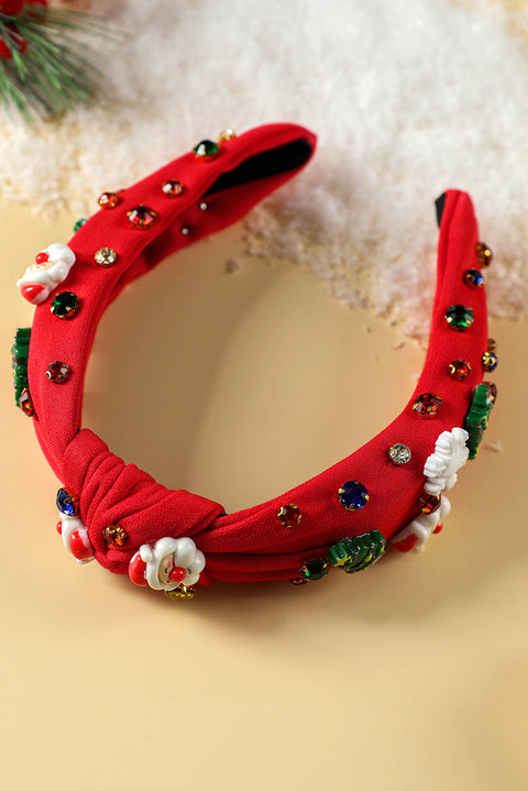 Fiery Red Cartoon Christmas Pattern Rhinestone Knotted Headband