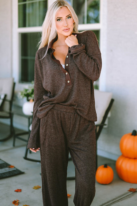 Brown Ribbed Knit Collared Henley Top and Pants Lounge Outfit