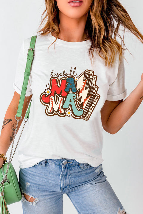 White MAMA Baseball Bolt Graphic T Shirt