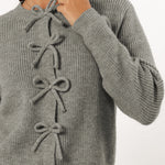 Philippine Gray Ribbed Knit Bow Front Buttoned Cardigan