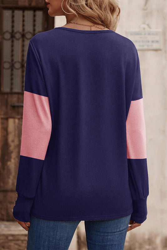 Blue Stripe Colorblock Button Decor Long Sleeve V Neck Top