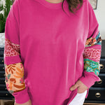 Rose Red Plus Size Printed Patchwork Sleeve Split Sweatshirt