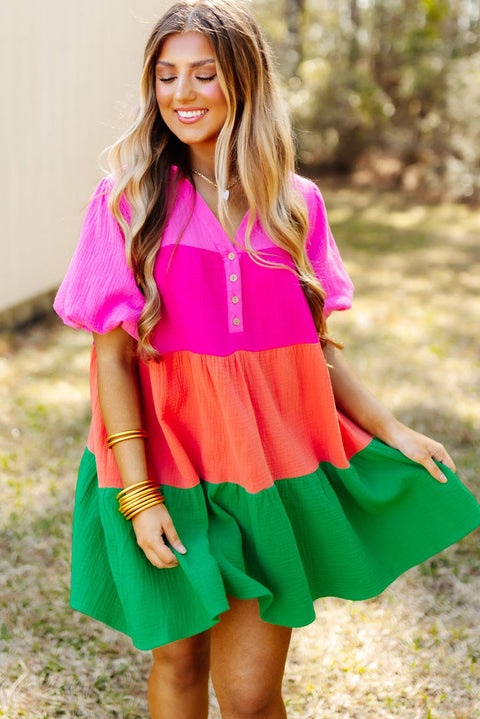 Multicolor Color Block Tiered Puff Sleeve Dress