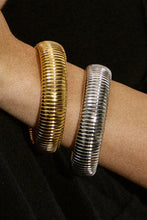 Gold Textured Striped Plated Titanium Steel Chunky Bangle