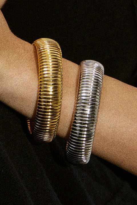 Gold Textured Striped Plated Titanium Steel Chunky Bangle