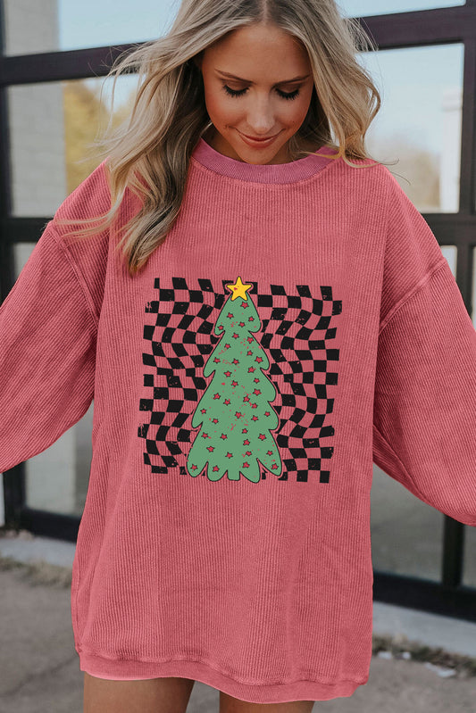 Strawberry Pink Vintage Christmas Tree Checkered Print Corded Sweatshirt